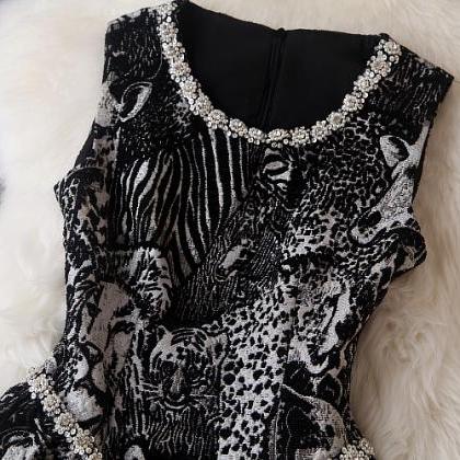 Printed Beaded Sleeveless Dress