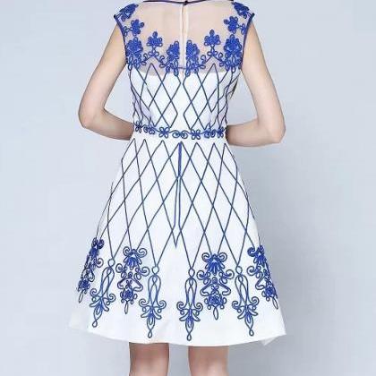 Embroidered Dress In Blue And White