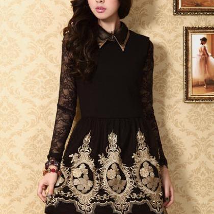 Embroidered Dress With Collar In Black