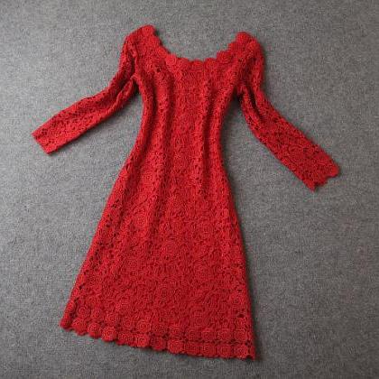 Long Sleeve Crochet Handmade Floral Dress In Red