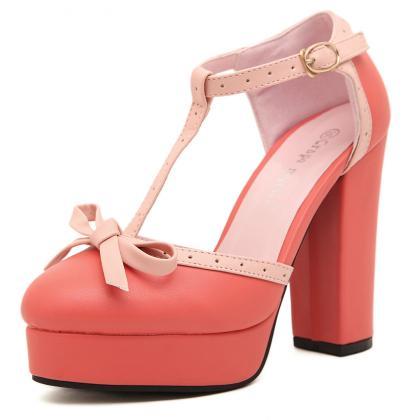 Bow Sandals Women With Thick Heels Hit Color