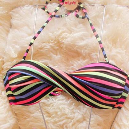 Sexy Beach Color Stripe Triangle Bikini Swimsuit