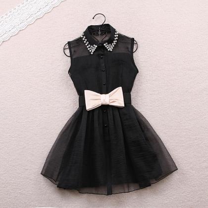 Little Black Dress With Bow And Pearl Rhinestone..