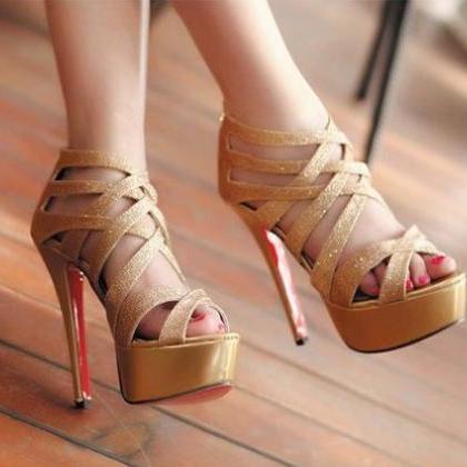 Gold Strappy High Heel Sandals