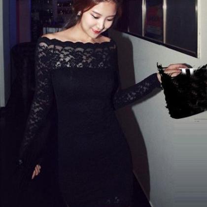Long Sleeve Off Shoulder Black Lace Dress