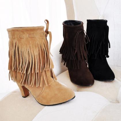 2016 Winter Pointed High Heels Pump Shoes Fringed..