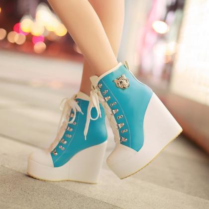 Women's Buckle Lace Up Wedge High..