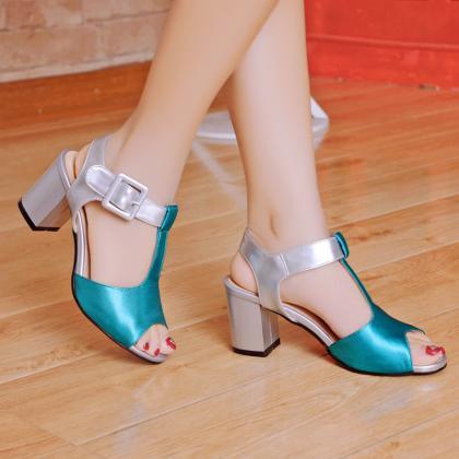 T-strap Mix Color Square High Heel Sandals, Women..