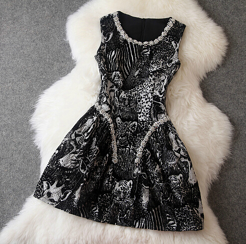 Printed Beaded Sleeveless Dress