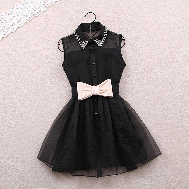 Little Black Dress With Bow And Pearl Rhinestone Collar