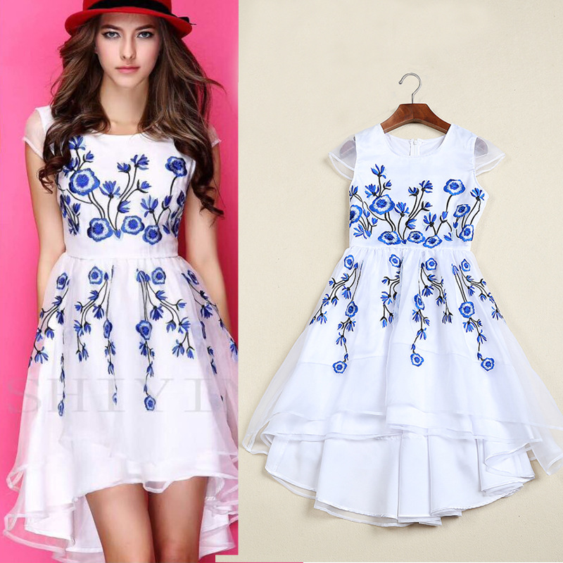 2015 Blue And White Porcelain Embroidery Flower Organza Patchwork Dress
