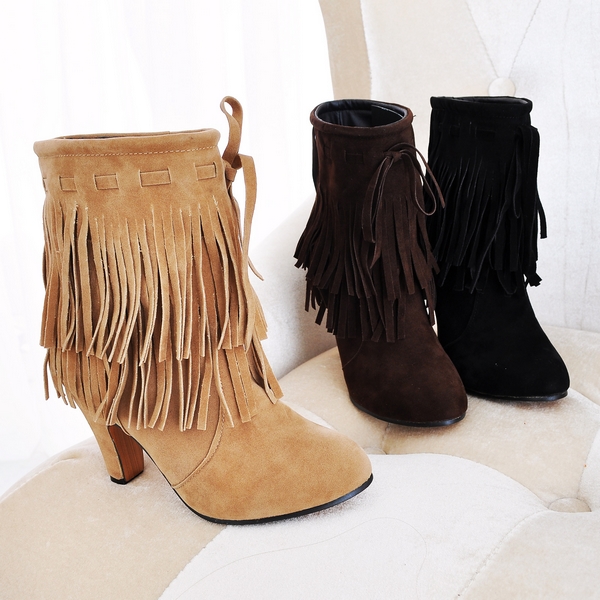 2016 Winter Pointed High Heels Pump Shoes Fringed Suede Boots