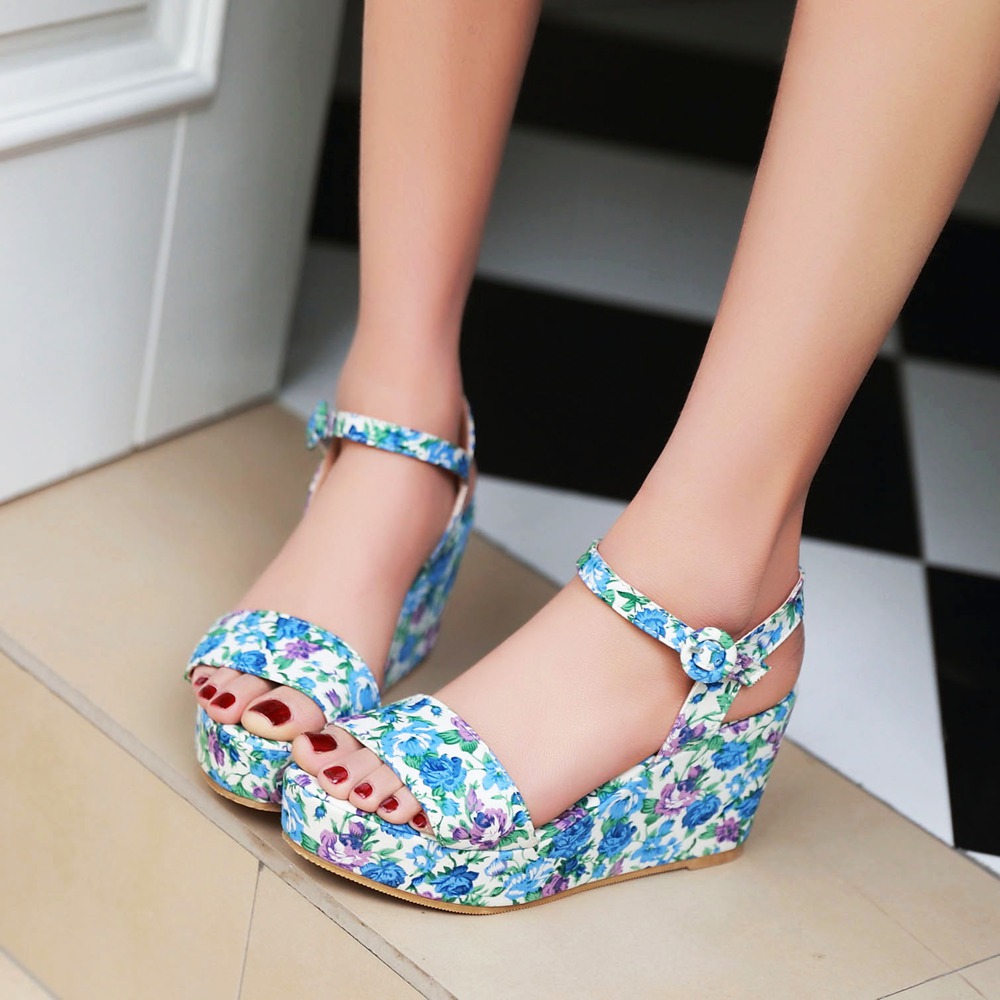 Boho Womens Floral Print Ladies Wedge Heel Platform Open Toe Ankle Strap Sandals