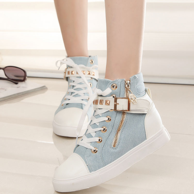 Women Rivets Canvas Shoes +pu Surface Fashion Belt Buckle High Running Shoes For Leisure Sneakers